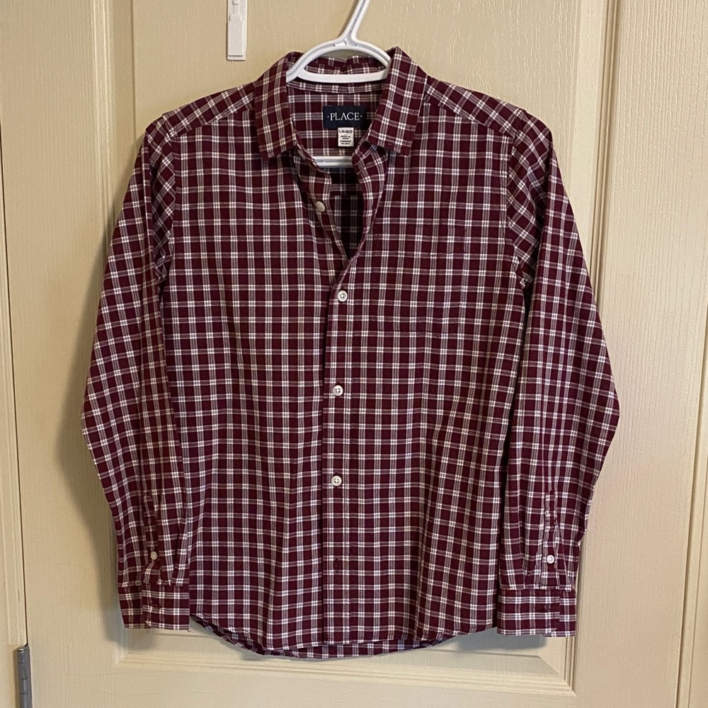 🎈$5 Add. The Children's Place Burgundy and White Plaid Button-Down Shirt 10/12 L